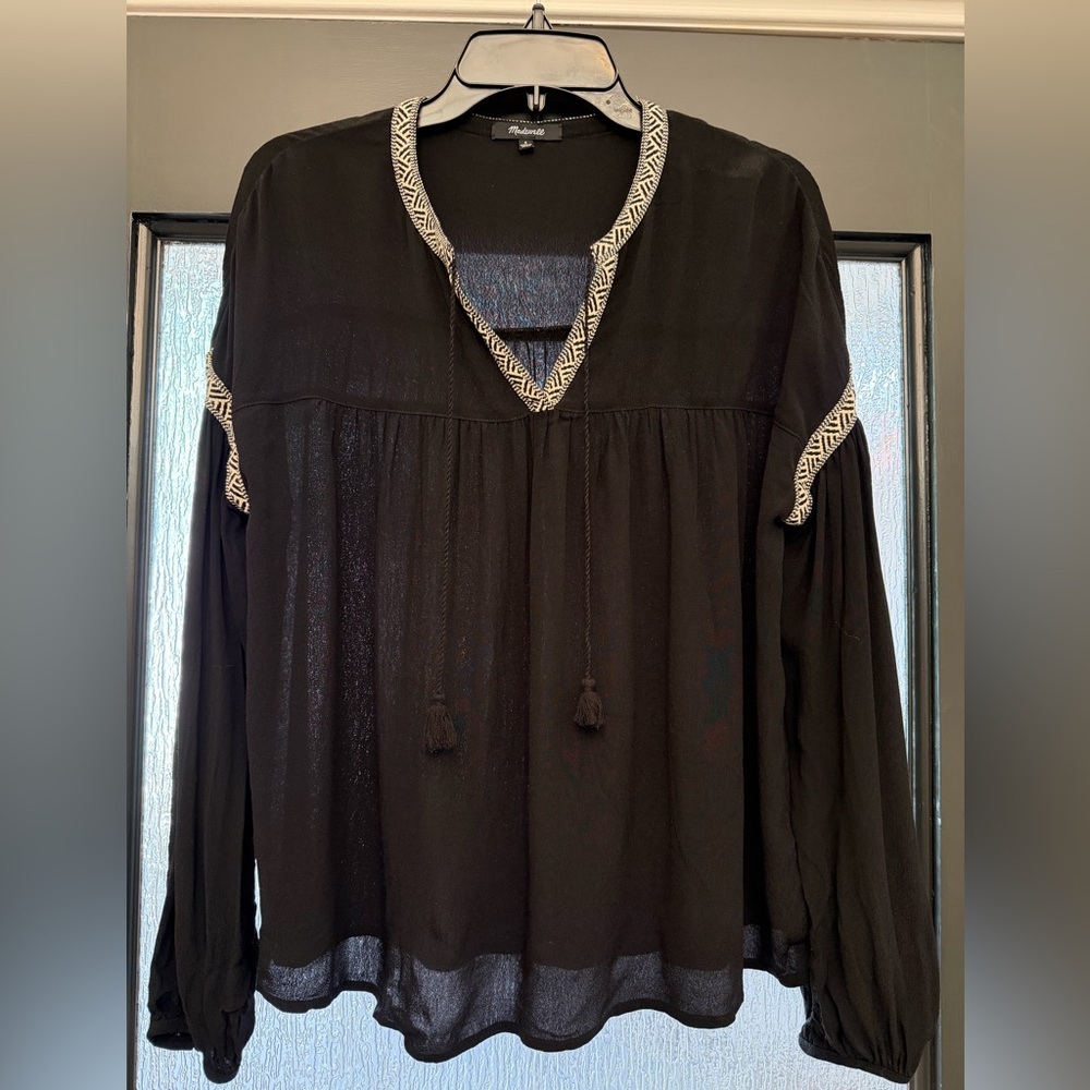 Madewell Black V-Neck Blouse with Geometric Trim and Tassels-Size Small